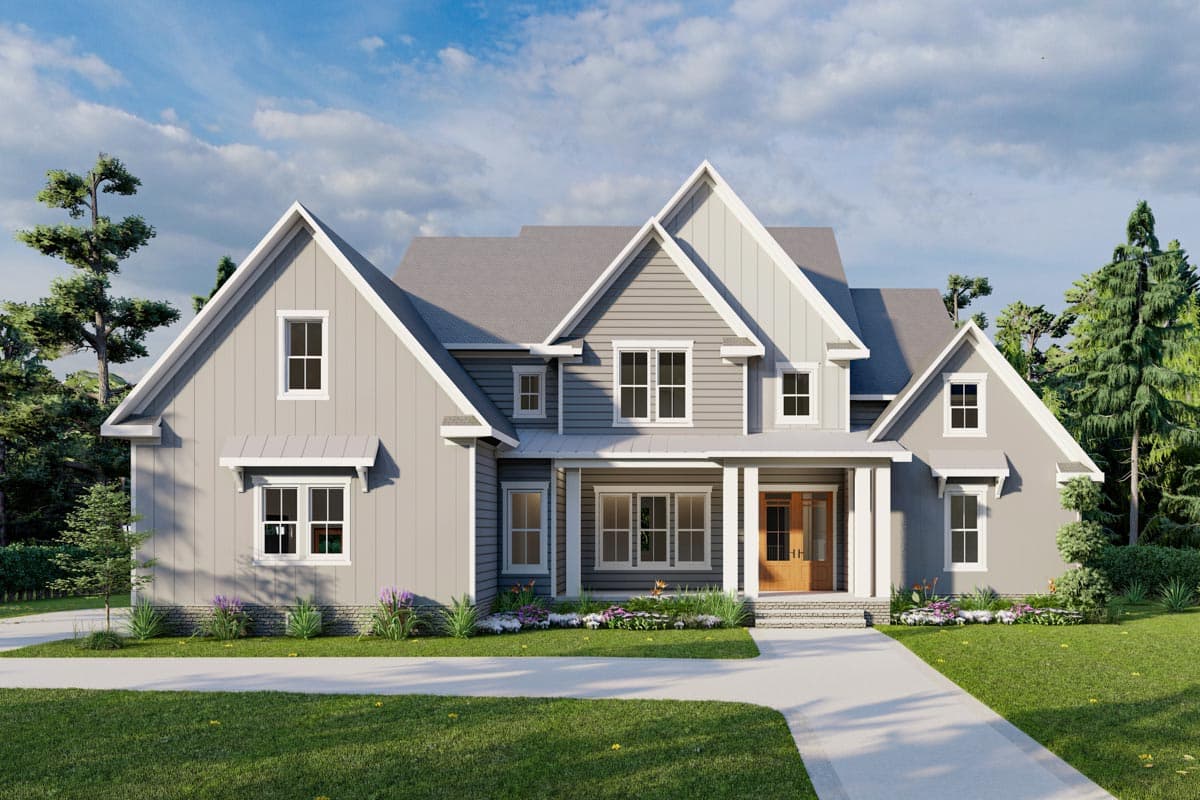 House plan exterior featuring a two-story farmhouse style, multiple gables, covered front porch, and dormers. The house plan has a light gray color.