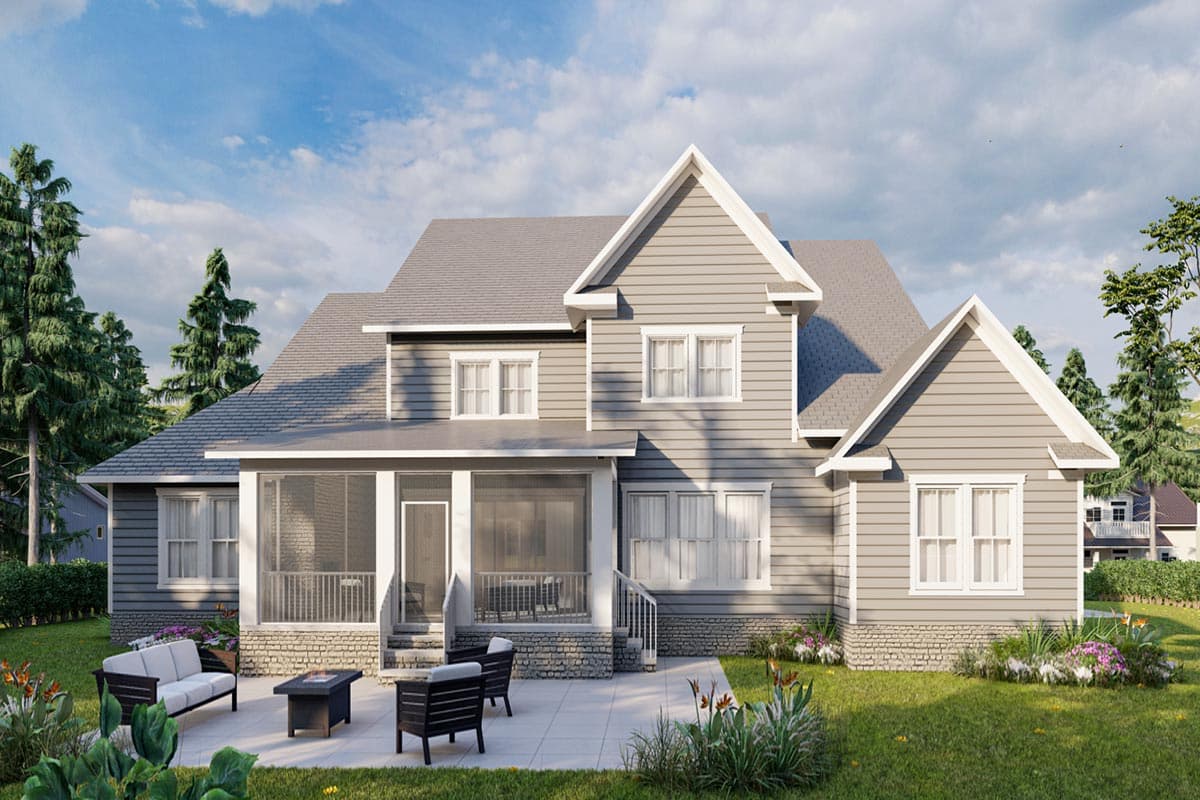 House plan exterior of a two-story home with a screened porch, gables, and stone foundation.