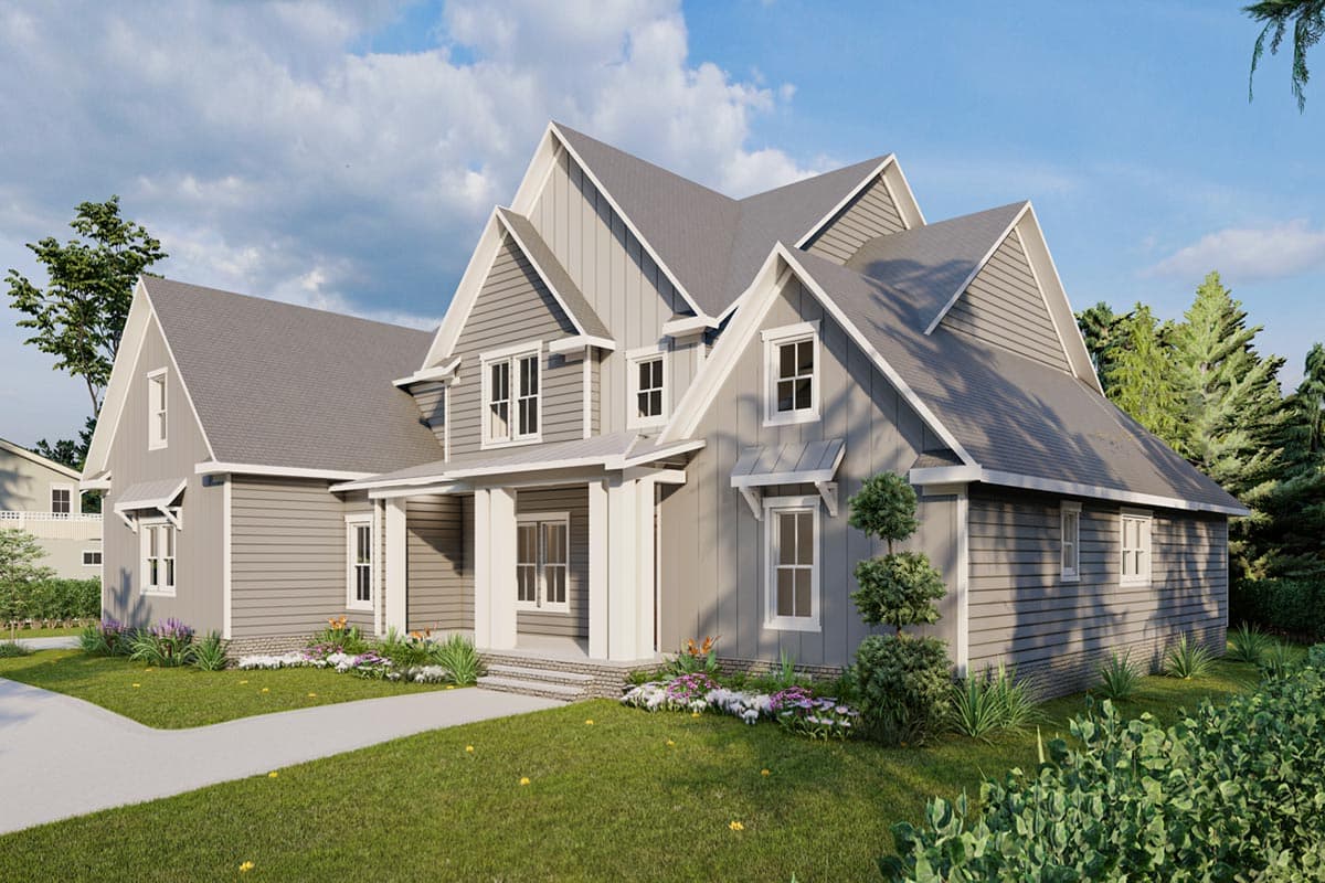 House plan exterior. Modern farmhouse style, two stories, covered porch, multiple gables, and board and batten siding.