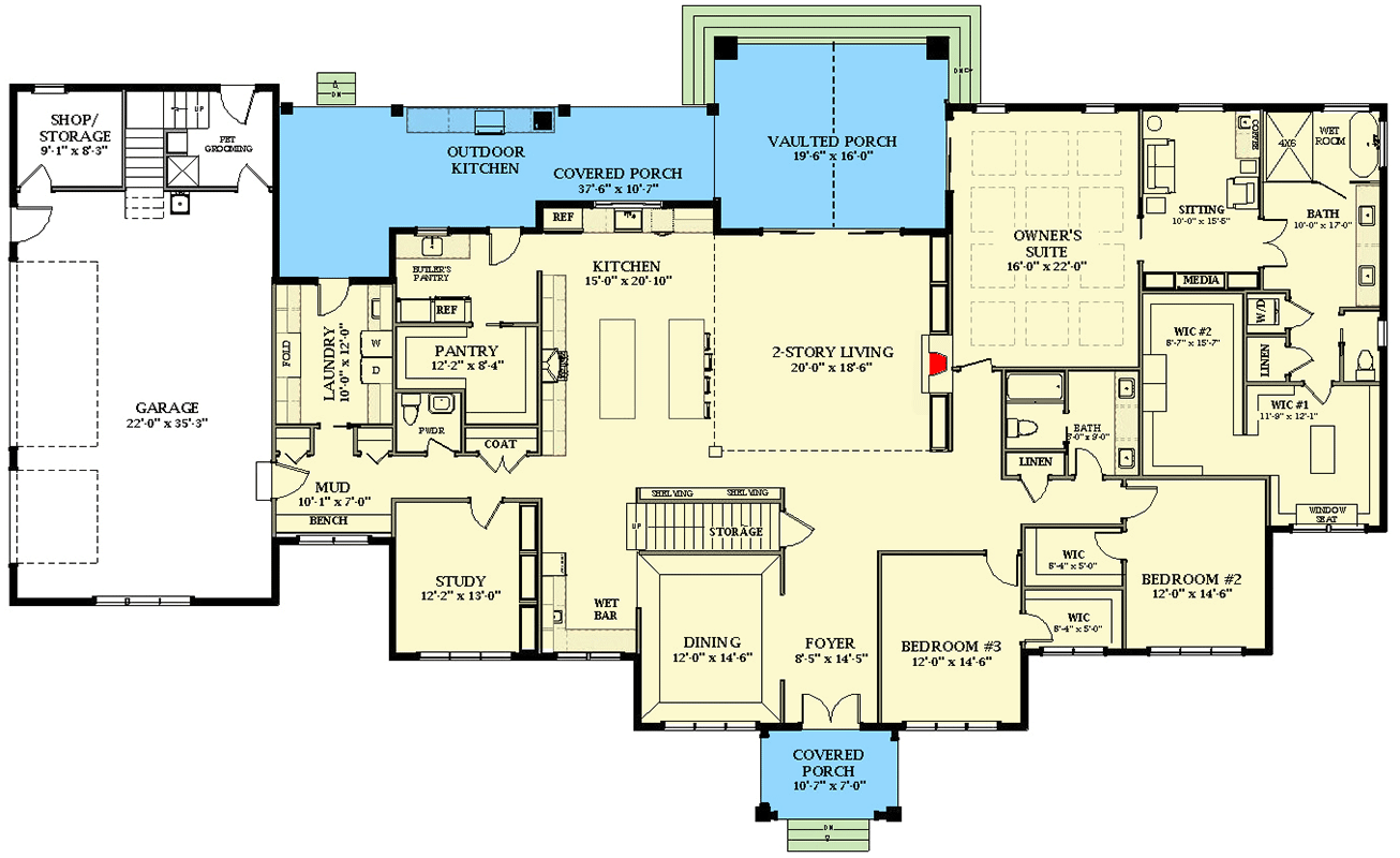 Plan 46495LA: Transitional Country House Plan with Deluxe Owner's Suite and Bonus Room Above Garage - 5491 Sq Ft - Floor Plan - Main Level - Country, Ranch, Southern, Transitional