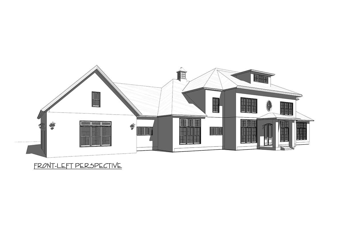 House plan exterior from front-left perspective, featuring a prominent gable, hip rooflines, and a covered entry portico with a round window.
