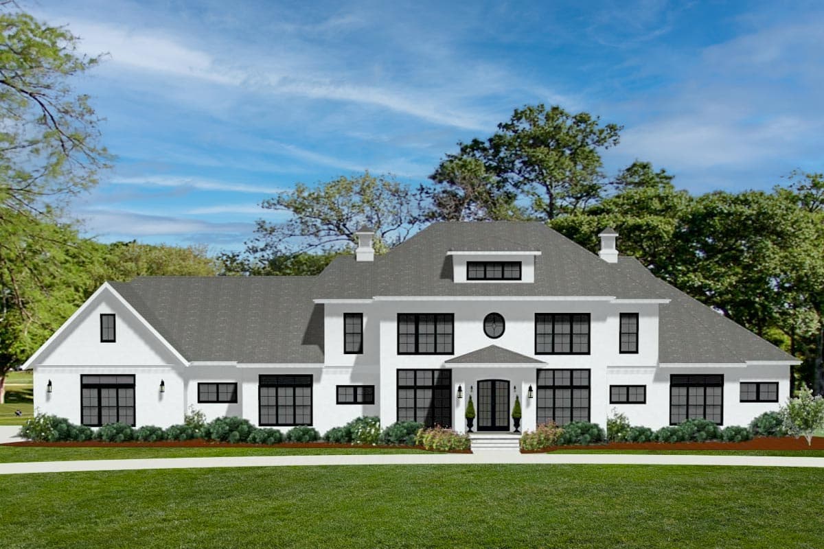 House plan exterior featuring a two-story design with a gable roof, dormers, and a covered front entry.