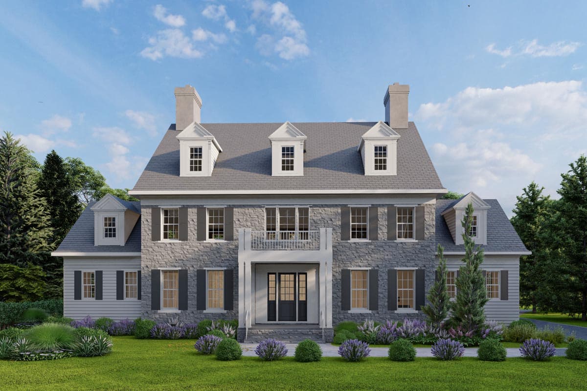 House plan exterior featuring a two-story Colonial style with dormers, a portico, and multiple chimneys. Stone and clapboard siding is visible.