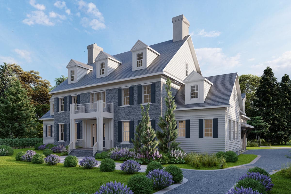 House plan exterior: Georgian style, three stories, stone facade, dormers, and central balcony with white railing.