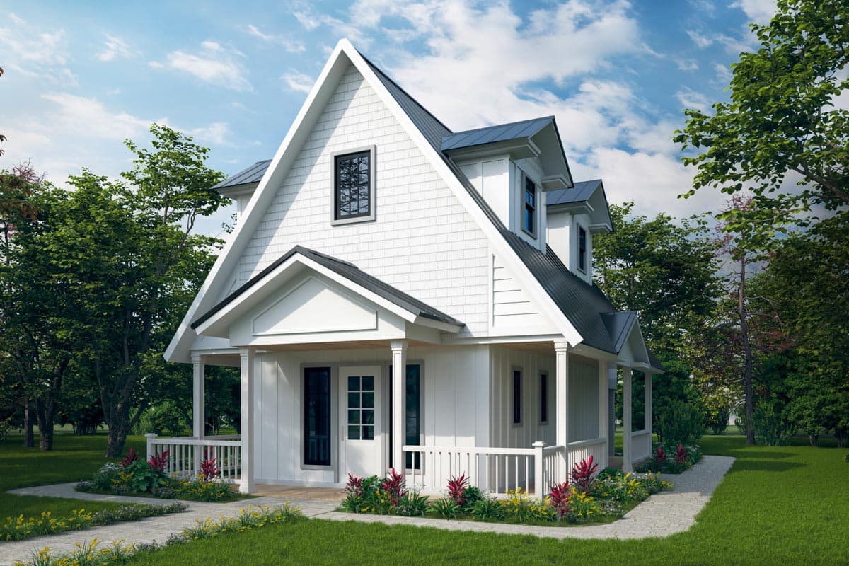 House plan exterior. Two-story, white farmhouse style with a front porch, gables, and dormers. Features dark metal roof and trim.