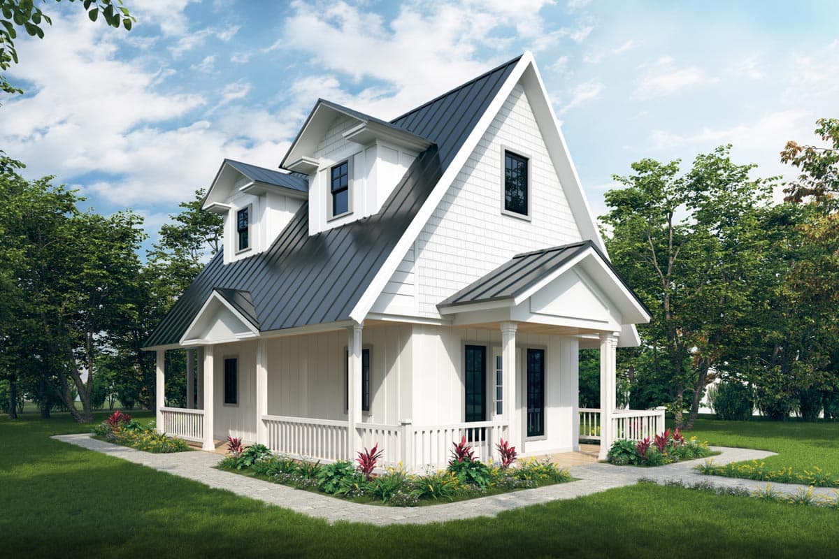 House plan exterior: Modern farmhouse style, two stories, dark metal roof, gabled dormers, and a wraparound porch.