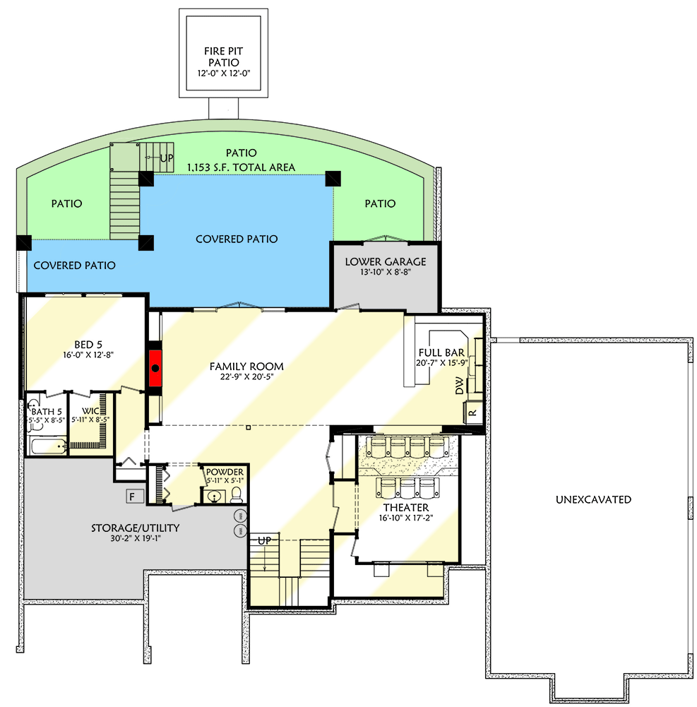 Plan 703005TYL: Transitional House Plan with Two Story Great Room and Lower Level with Home Theater - Floor Plan - Optionally Finished Lower Level - Contemporary, Transitional