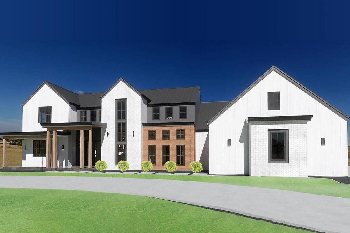 House plan exterior. Modern farmhouse style with gabled roof, covered porch, and board-and-batten siding. Two-story design with prominent windows.