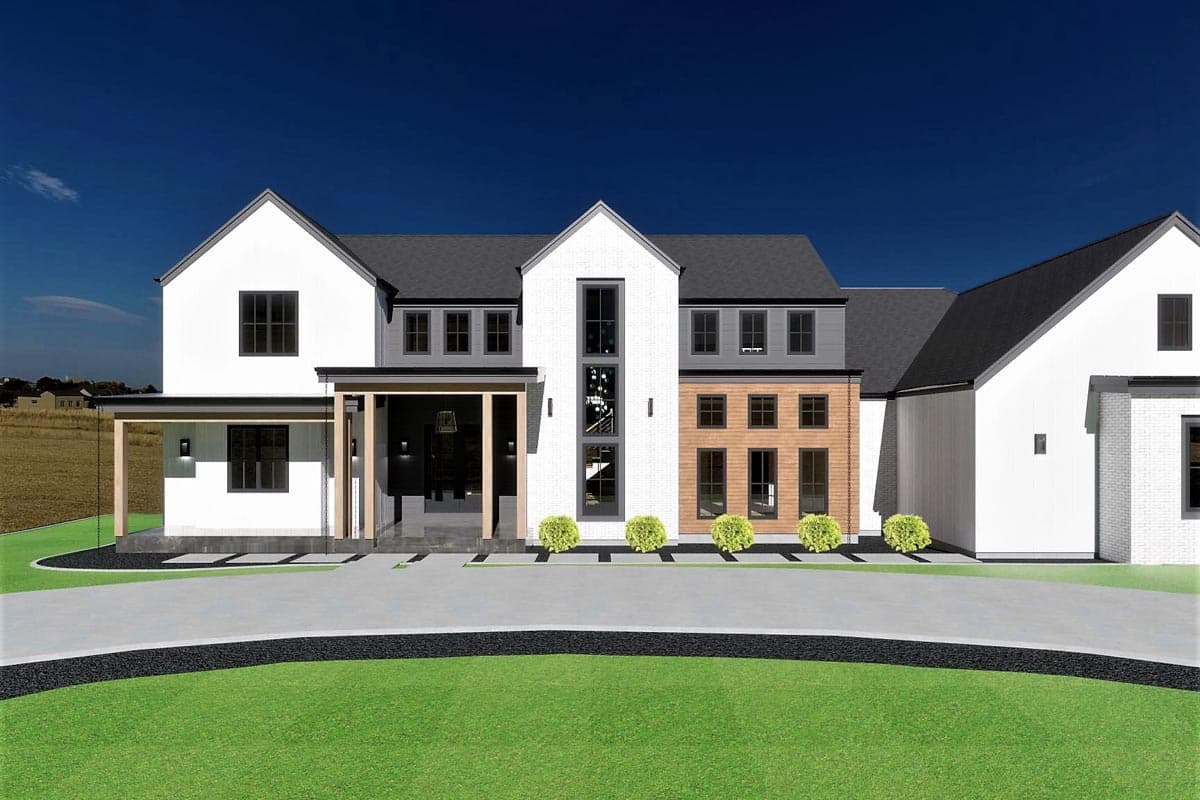 House plan exterior: Modern Farmhouse style, two stories, gabled roof, covered entry porch, and vertical white siding.