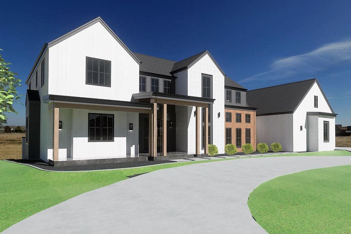 House plan exterior: Modern Farmhouse style, two stories, white board and batten siding, brick accents, covered entry with timber posts.