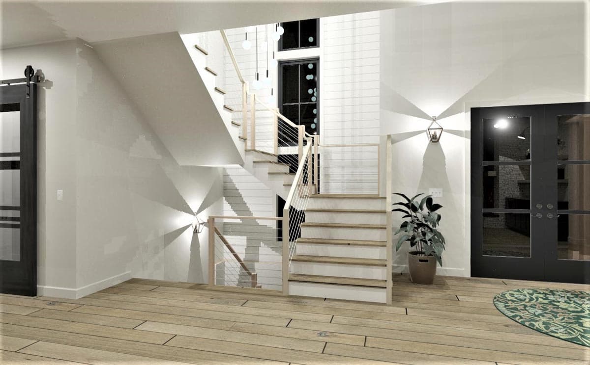 Interior rendering of a modern staircase with open risers, cable railing, and wood treads, next to a sliding barn door and double glass doors.