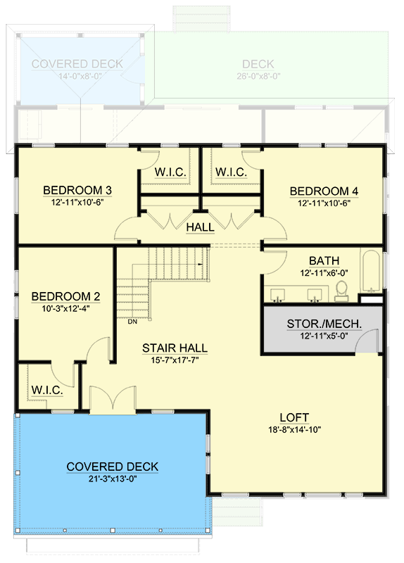 Plan 550015LAN: 2-Story 4-Bed House Plan with Second Floor Covered Deck - 2611 Sq Ft - Floor Plan - 2nd Floor - Country, Traditional