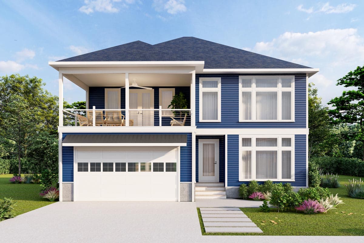 House plan exterior with two stories, a balcony, a garage, and a gable roof. The facade features a symmetrical window arrangement and dark siding.