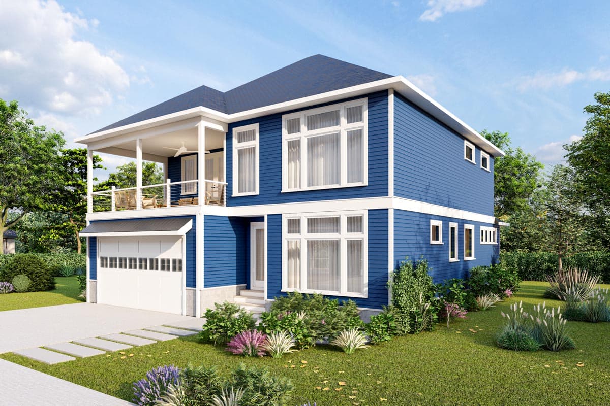 Two-story Modern Farmhouse house plan exterior with a covered balcony, two-car garage, and prominent white-trimmed windows.