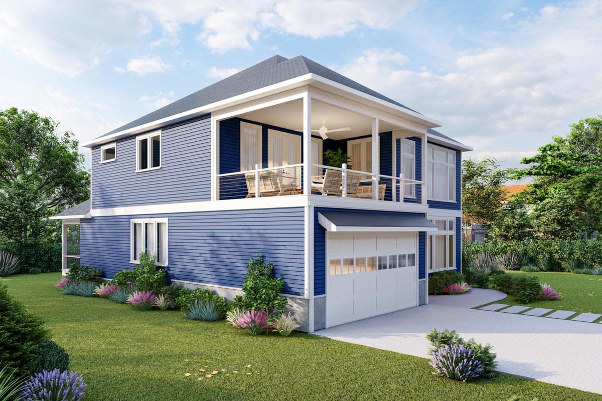 Modern house plan exterior, two stories, with upper deck, blue siding, and attached garage with white door.