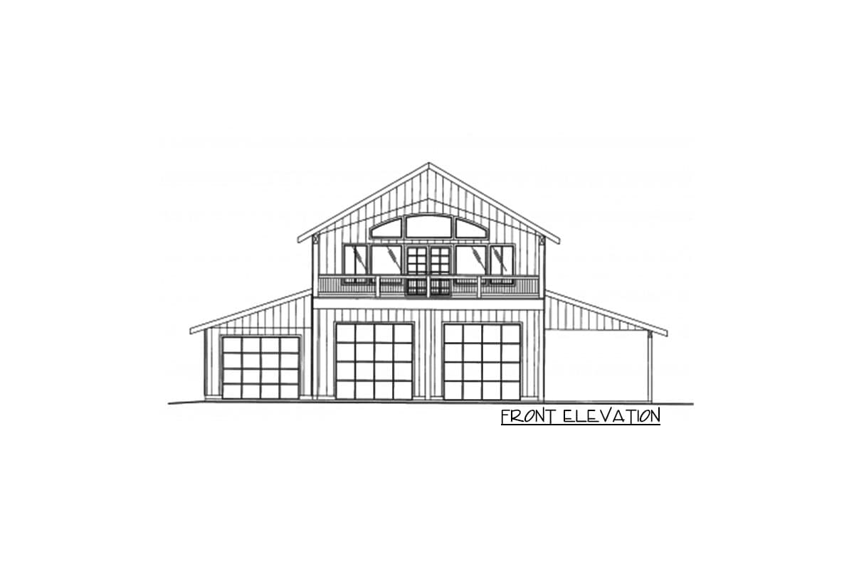 Front elevation drawing of a two-story house plan with three garage bays and a second-story balcony.