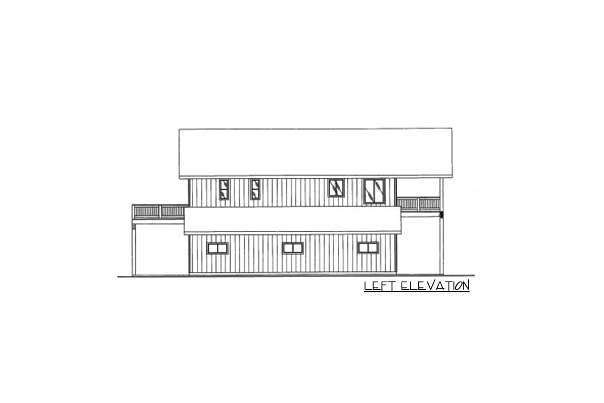 Left elevation drawing of a two-story house plan with horizontal siding, a second-story balcony, and multiple windows.