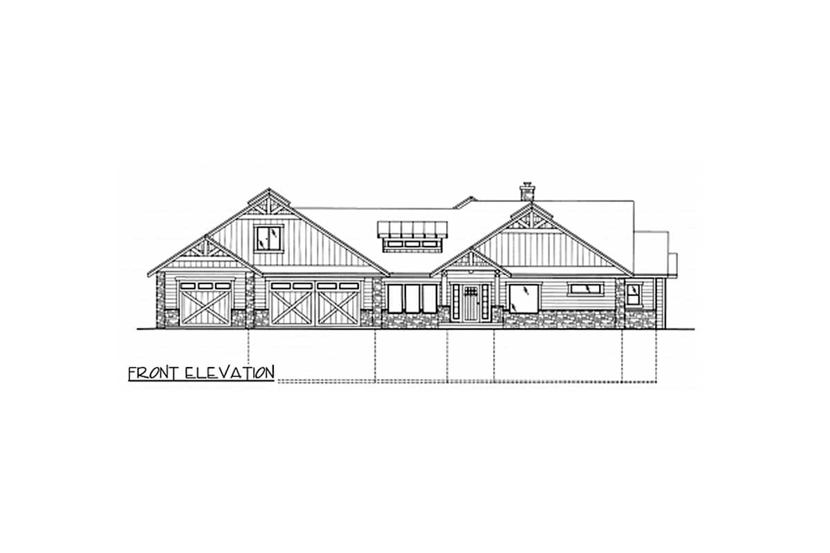 Front elevation drawing of a one-story house plan with a three-car garage, gable rooflines, and stone accents.