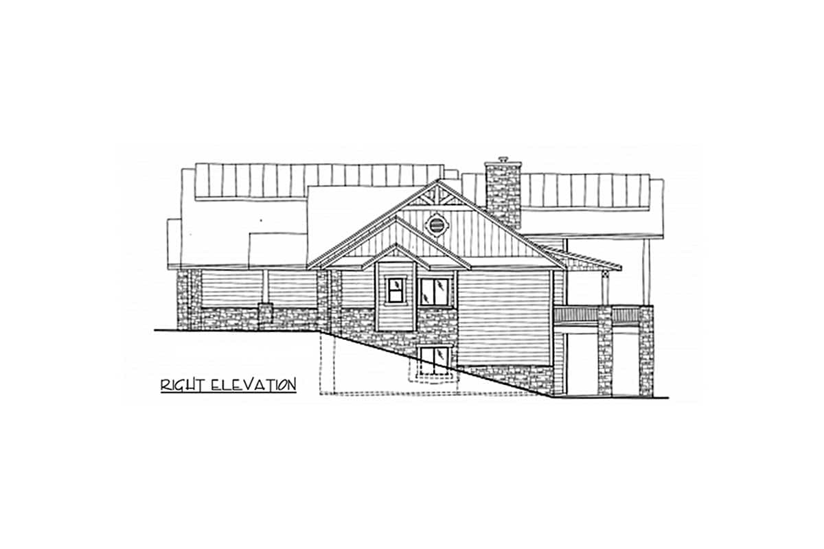 Right elevation house plan shows a two-story home with stone accents, gabled roof, dormer, and covered porch.