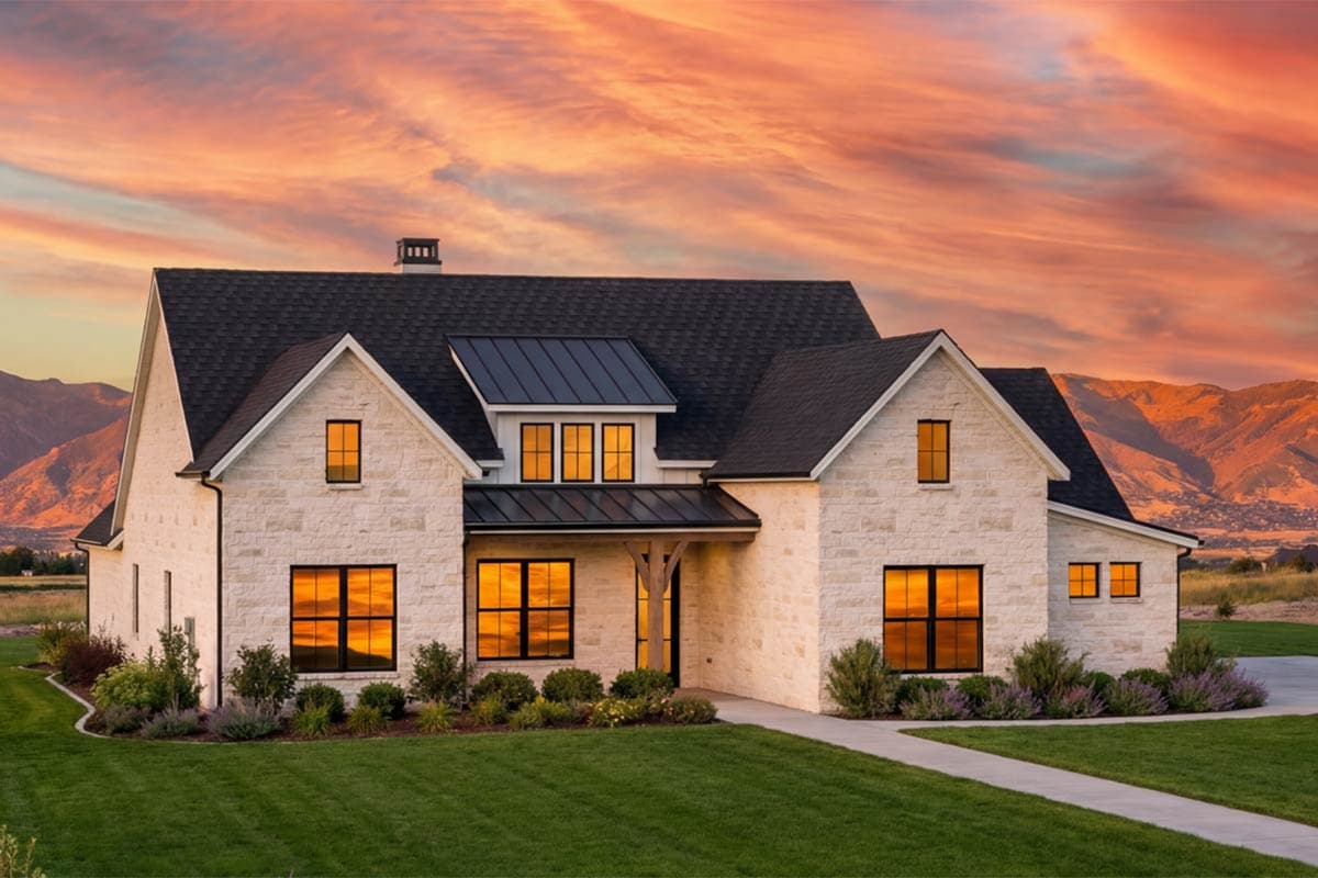 Modern Farmhouse house plan exterior with stone facade, multiple gables, dormers, and a standing seam metal roof.