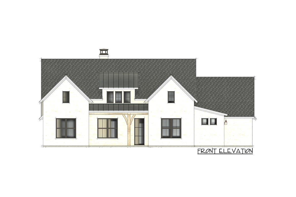 Front elevation drawing of a modern farmhouse style house plan with multiple gables, dormers, and covered entryway.