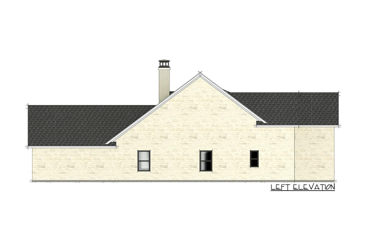 Left elevation drawing of a house plan with a stone facade, hip roof, gabled end, and chimney.