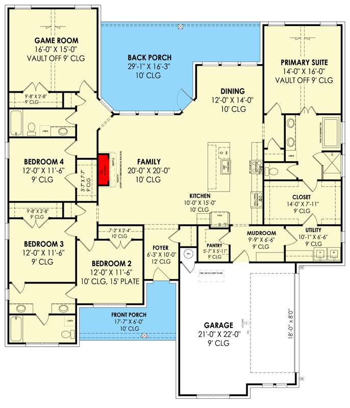 Plan 818067JSS: Farmhouse Plan with Split-Bed Layout and Laundry Access from Primary Suite - 2646 Sq Ft - Floor Plan - Main Level - Country, Farmhouse, Modern Farmhouse, New American, Transitional