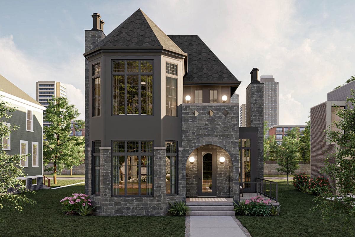 House plan exterior with stone accents, bay window, and gabled roof. Features a two-story design with arched entry and multiple chimneys.