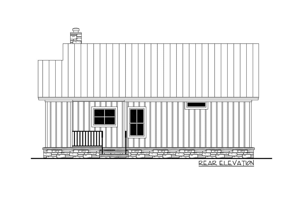 Rear elevation drawing of a house plan with a gable roof, stone foundation, and two windows.