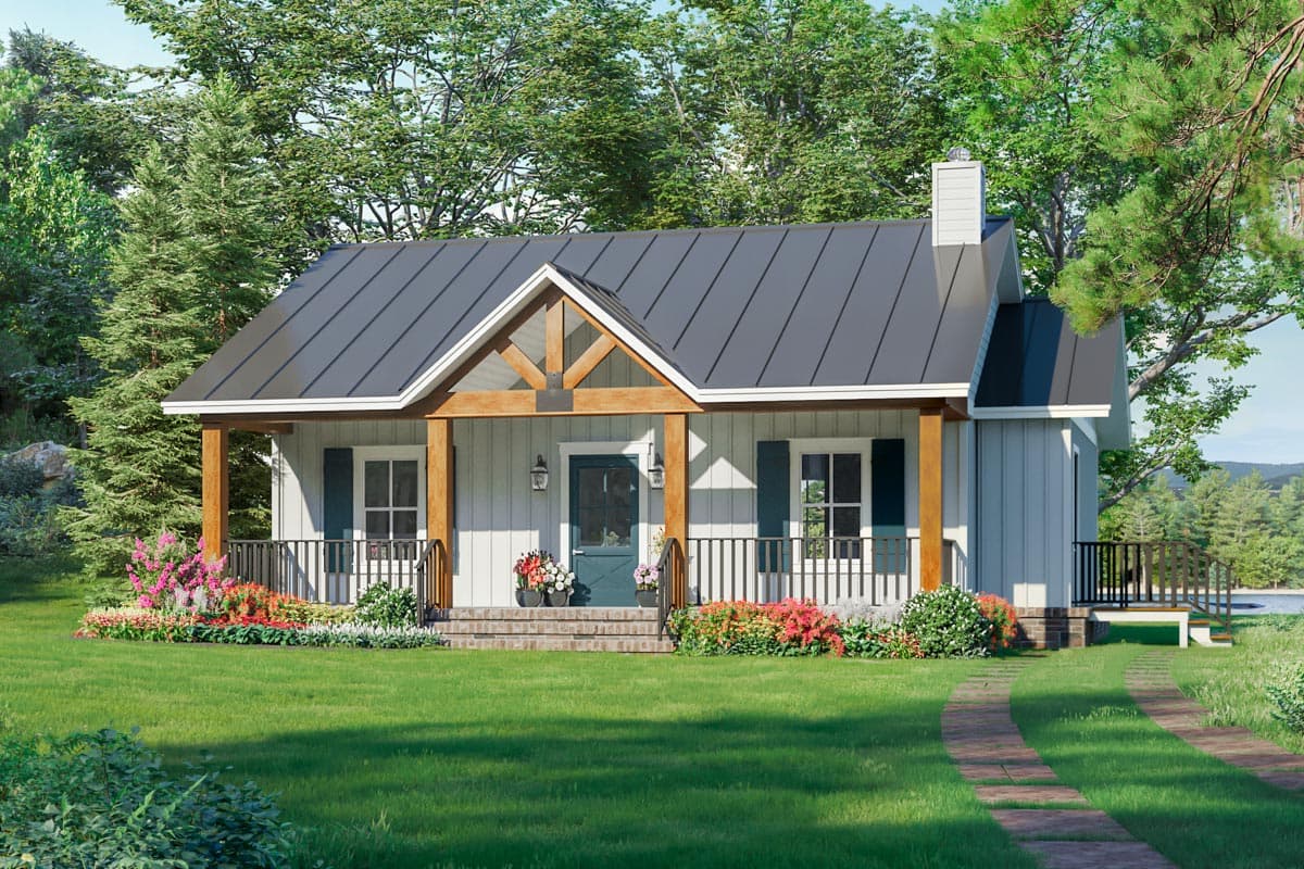House plan exterior. Cottage style with a front porch, wood beam gable, and metal roof. Features include shutters and a prominent chimney.