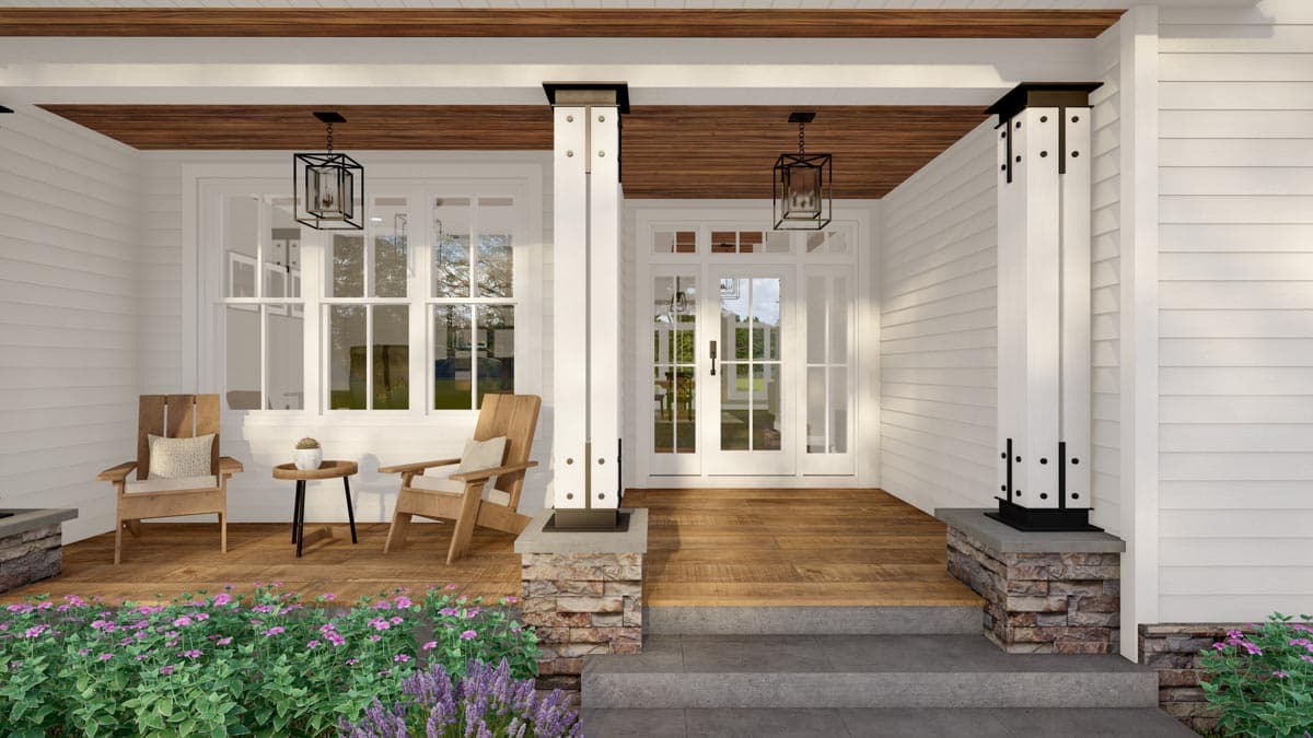 House plan exterior: Covered porch with wood plank ceiling, stone-clad columns, and double entry doors.