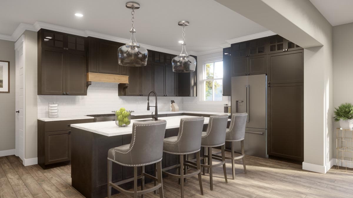 Kitchen with dark cabinets, white subway tile backsplash, island with seating, pendant lights, and stainless steel appliances.