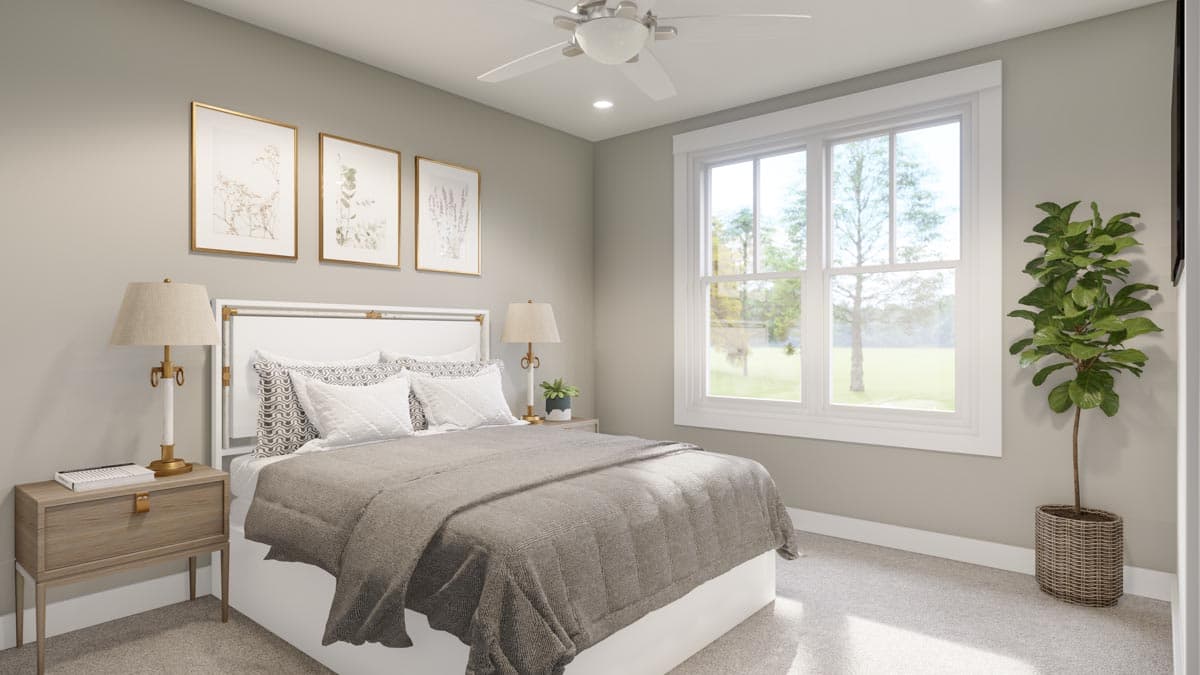 Bedroom rendering with queen bed, bedside table, fan, and large window overlooking greenery. Three framed botanical prints on wall.