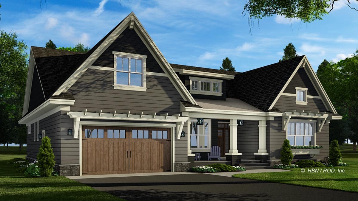 Craftsman style house plan exterior with a two-car garage, covered front porch with columns, and multiple gables.
