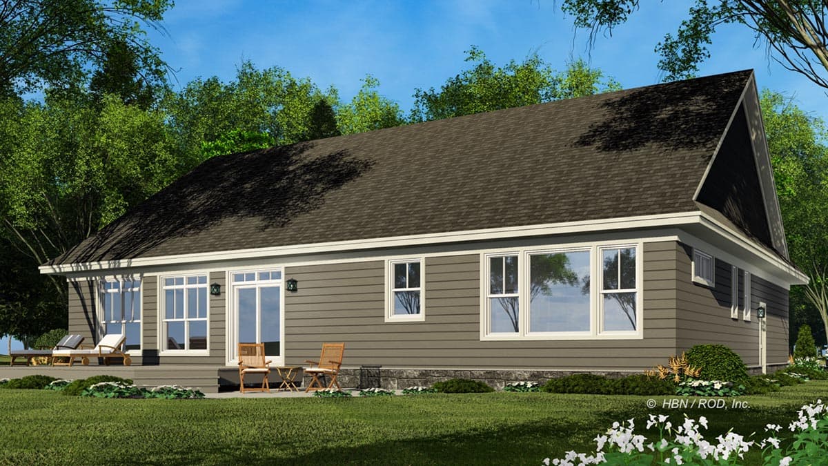 House plan exterior, one story, with large windows, sliding glass doors, and a prominent gable end.