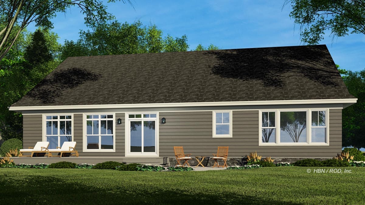 House plan exterior: Ranch style, single story with a deep porch, multiple large windows, and sliding glass doors.
