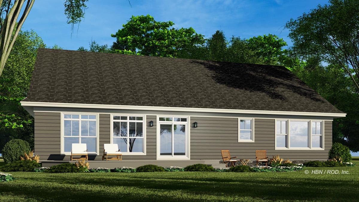 Ranch house plan exterior with horizontal siding, a low-pitched roof, and multiple large windows.