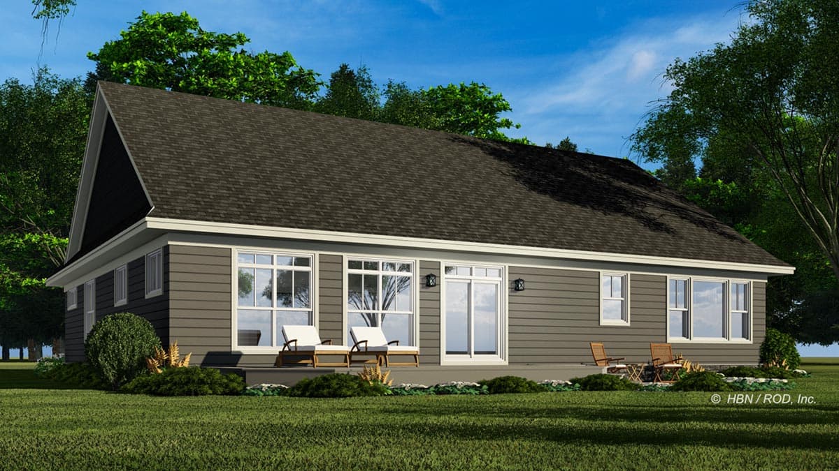 House plan exterior: one-story home with dark siding, a prominent gable end, numerous windows, and a wide rear deck.