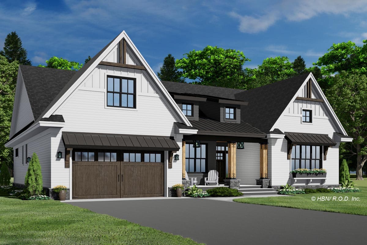Modern Farmhouse house plan exterior with gables, dormers, metal awnings, and a double garage.