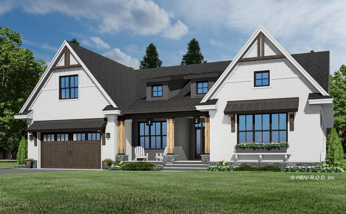 House plan exterior: Modern Farmhouse style, two stories, with gabled dormers, wood beams, covered porch, and double garage.