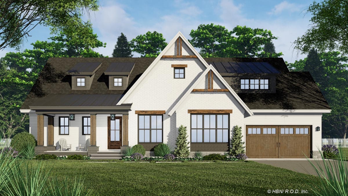 Modern Farmhouse house plan exterior with a covered porch, dormers, multiple gables, and a double garage.