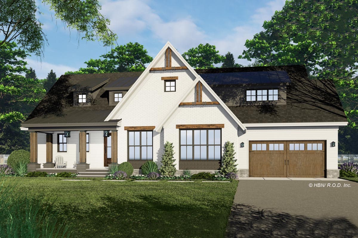 Modern Farmhouse house plan exterior with white brick, large gabled dormers, covered front porch, and attached two-car garage.