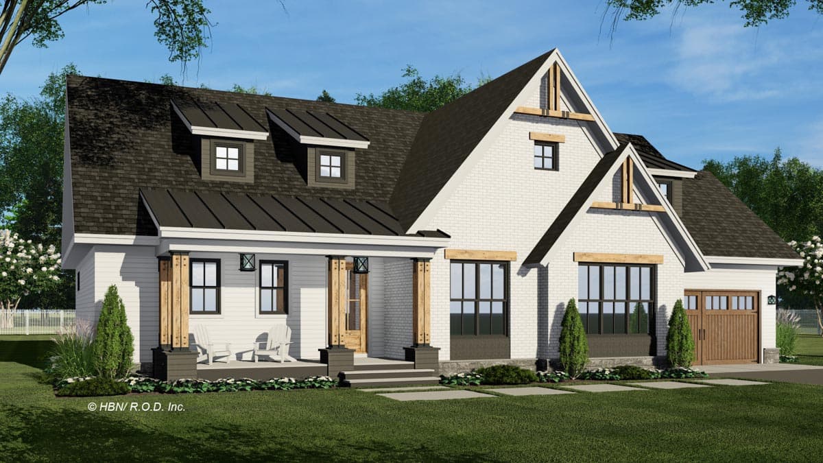 Modern Farmhouse house plan exterior: Two stories, metal roof, dormers, covered porch with wood columns, and a side-entry garage.