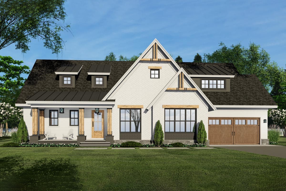 House plan exterior: Modern Farmhouse style, one story, white brick, prominent gable with wood beams, covered porch, dormers, and side-entry garage.