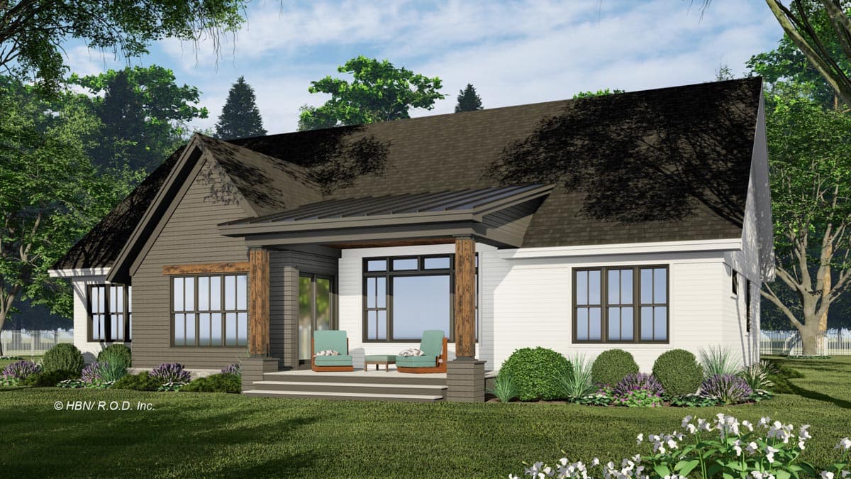 Modern house plan exterior with prominent gable end, covered porch with timber posts, and diverse window configurations. Two stories.
