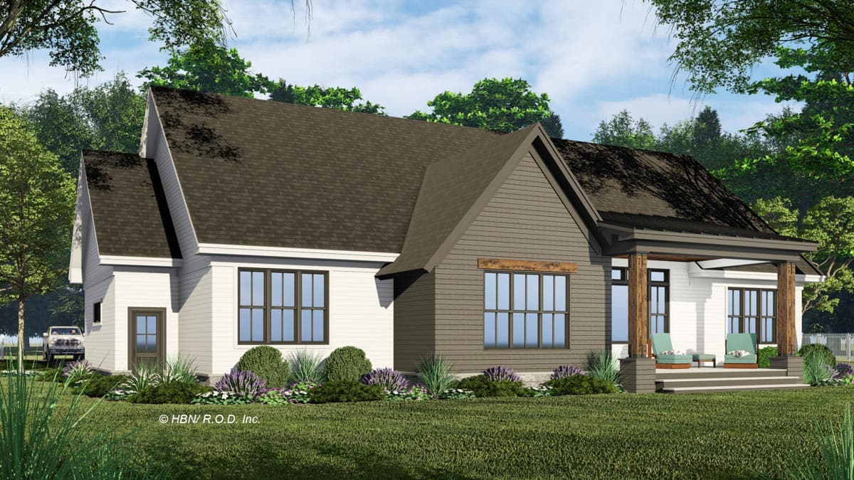 House plan exterior, single-story modern home with gabled roofs, board and batten siding, large windows, and a covered porch with timber posts.