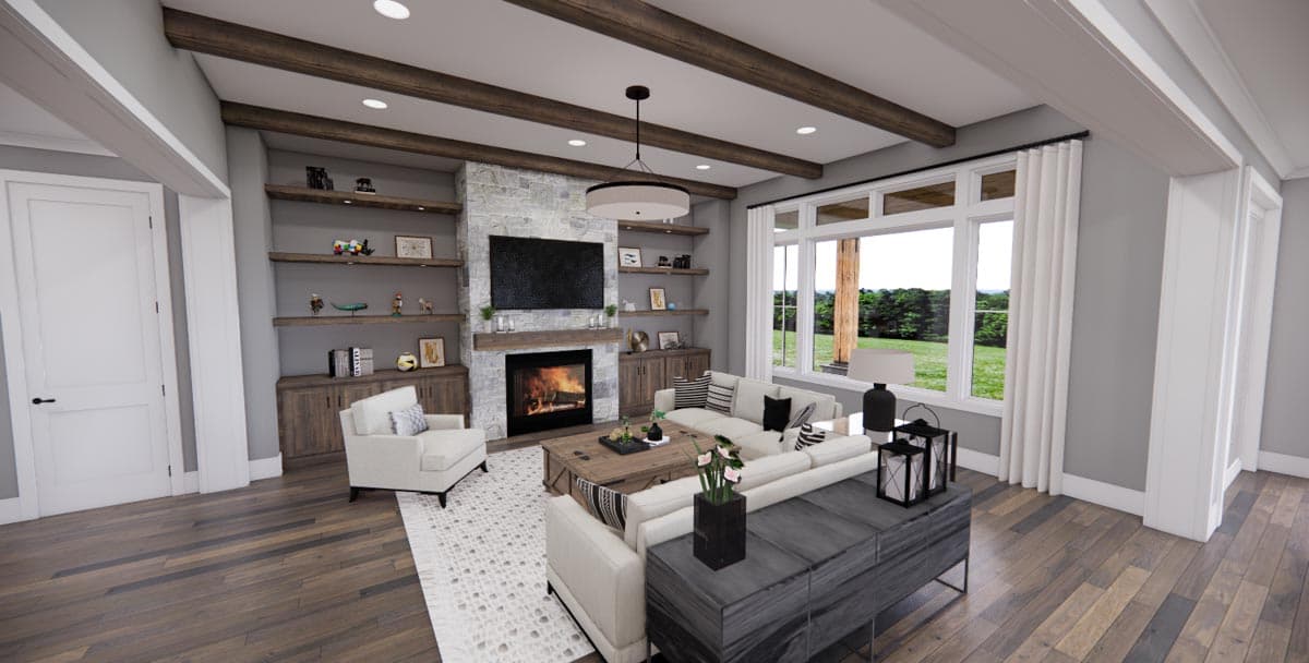 Interior rendering of a living room with stone fireplace, built-in shelving, exposed wood beams, and large windows.