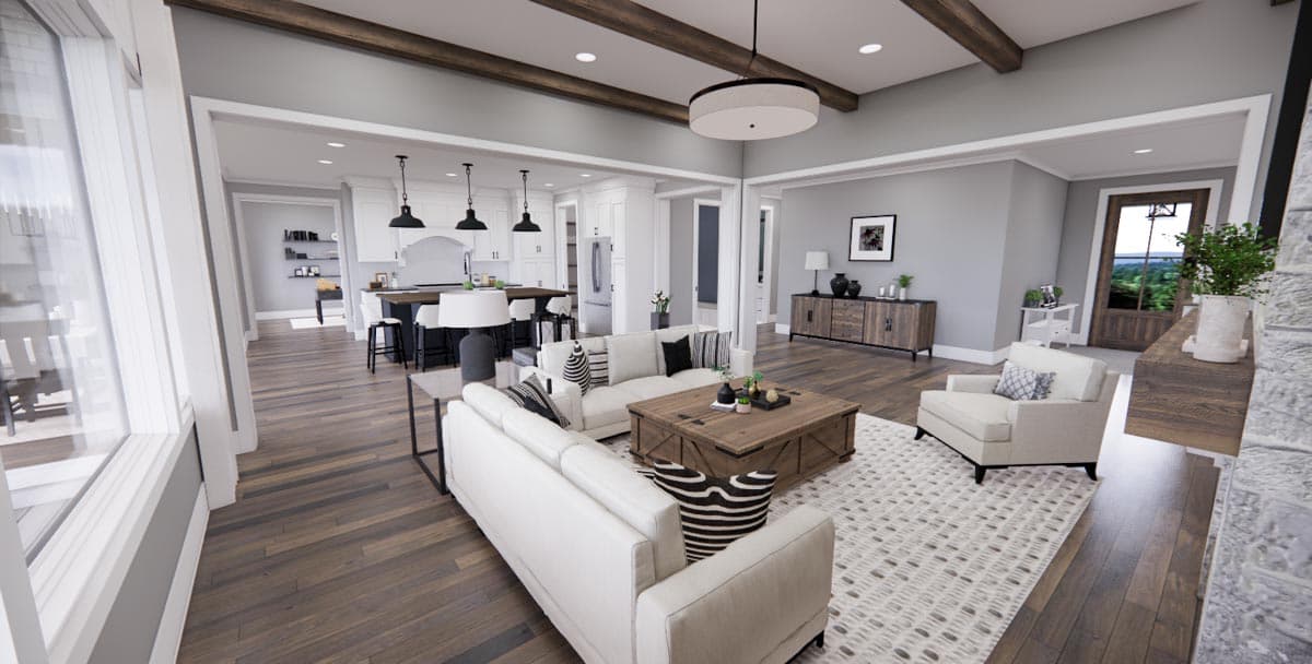 Interior rendering of open concept living space and kitchen with exposed beams, island, and farmhouse-style doors.