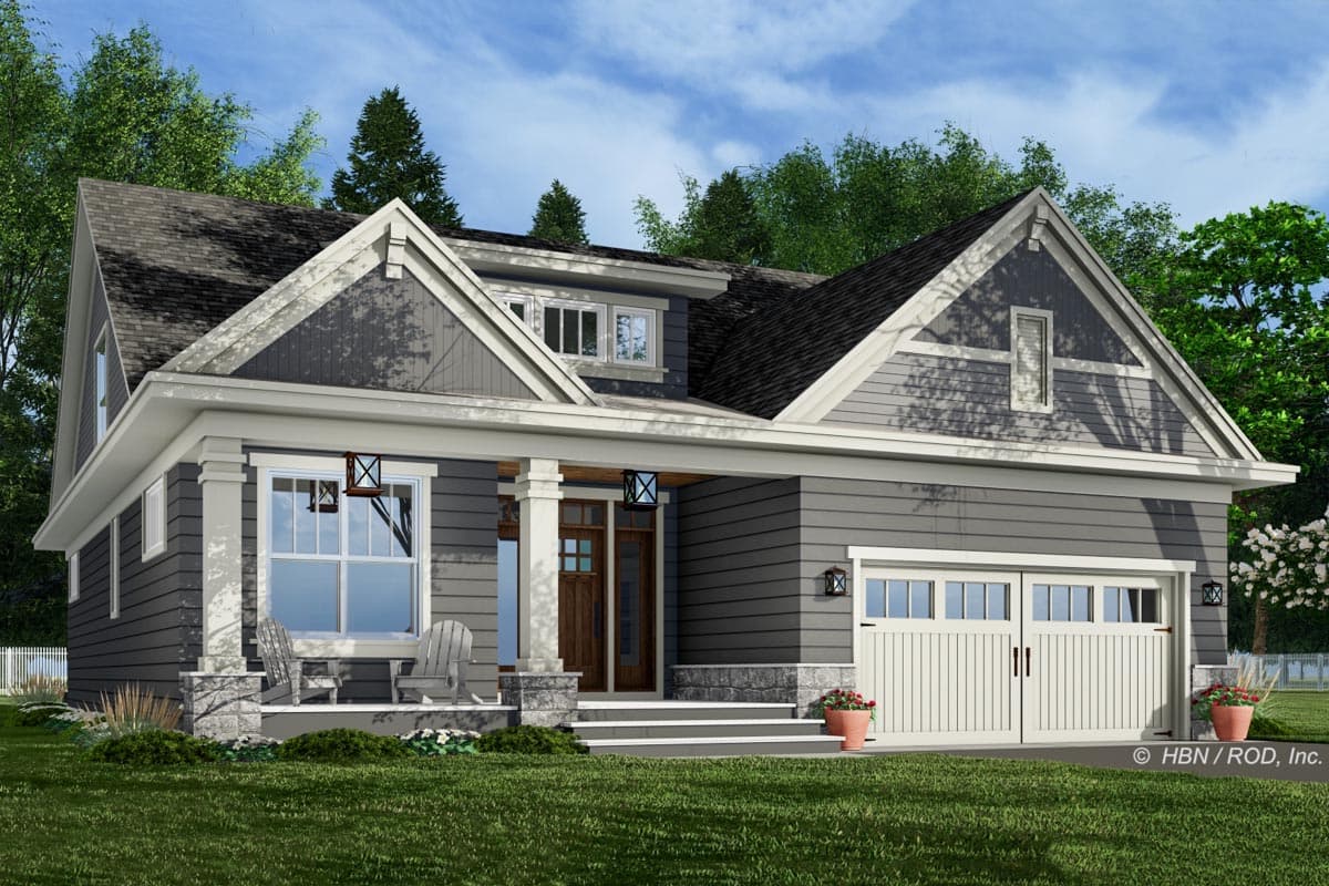 Craftsman style house plan exterior with a covered front porch, gabled dormers, and a two-car garage.