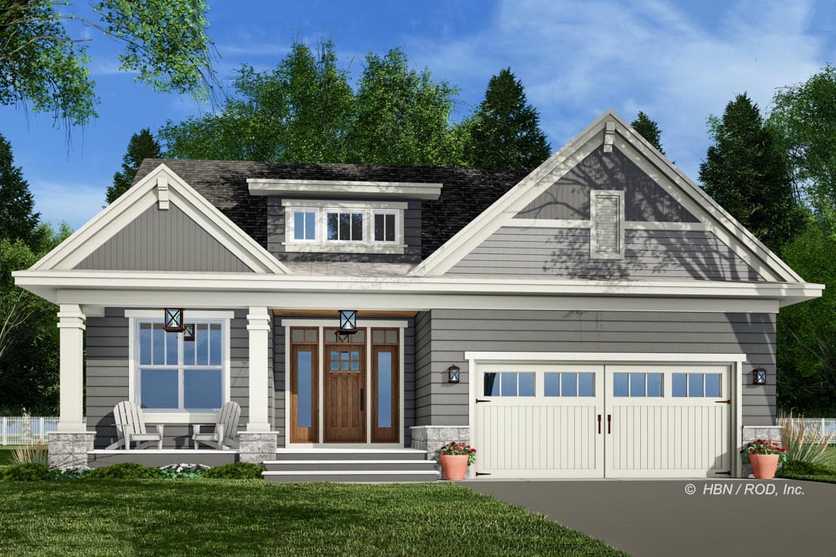 House plan exterior rendering. Craftsman style, one story. Features include a front porch with columns, gables, dormer, and a two-car garage.